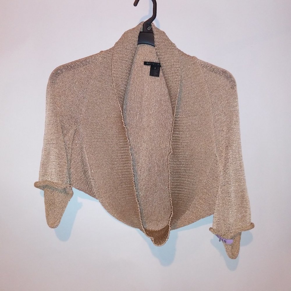 Bette Sung Womens Sweater Shawl Cardigan Small Tan Gold 3/4 Sleeve Preowned  *Bu